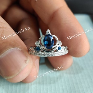 Blue Sapphire Cinderella Ring: Oval CZ Diamond, 10K White Gold