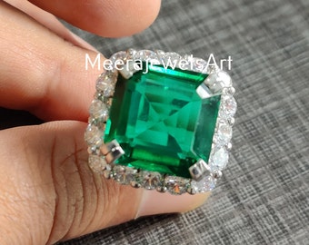 Anello fatto a mano con smeraldo verde taglio Asscher, alone di moissanite, argento sterling