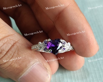 Butterfly Ring / Promise Ring / 1.05 CT Heart Cut Purple Amethyst & Lab Diamond Engagement Ring / Proposal Ring / Birthday Gift Ring