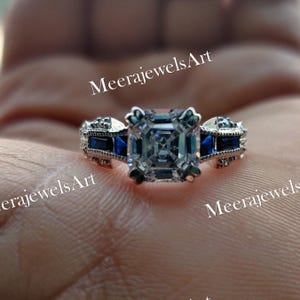 Art Deco Moissanite Engagement Ring: Sterling Silver Sapphire Accent
