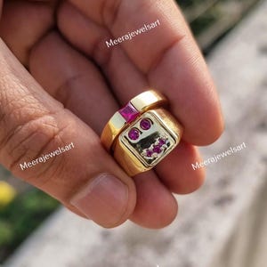 14k Yellow Gold Square Pink Ruby Ring, Art Deco Style, Anniversary Gift