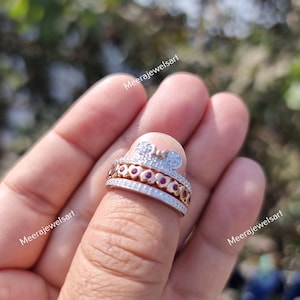 Mickey Mouse Ring Set, Red Ruby Disney Engagement Ring, Rose Gold Crown Stacking Band, Cute Mouse Ear Jewelry, Cartoon Promise Ring Her image 6