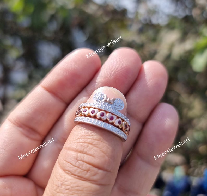 Mickey Mouse Ring Set, Red Ruby Disney Engagement Ring, Rose Gold Crown Stacking Band, Cute Mouse Ear Jewelry, Cartoon Promise Ring Her image 6