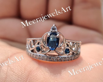 Anillo Tiara de Cenicienta: Topacio Azul Londres y Diamante de Laboratorio, Plata de Ley