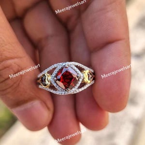 Red Garnet Heart Engagement Ring, 14K Yellow Gold, Art Deco Style