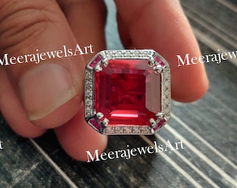 2.80Carat Emerald Cut Red Ruby With CZ Diamond Ring / Art Deco Style Ring / Engagement & Wedding Cocktail Halo Ring / Promise Ring In Silver