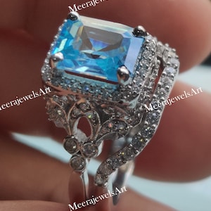 Emerald Cut Aquamarine Ring Set: Antique Style 925 Silver