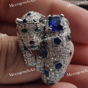 Panther Ring / Cushion Cut Sapphire Panther Ring / Animal Jewelry / Men's Gift Ring / Adjustable Bypass Ring/ Jaguar Tiger Panther head ring