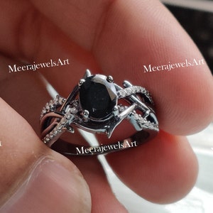 Black Onyx & Cubic Zirconia Engagement Ring: Sterling Silver Maleficent Style