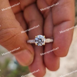Vintage Moissanite Flower Ring: 14K Two-Tone Gold Bridal Ring