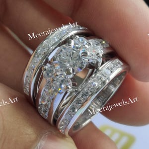 Conjunto de três anéis de moissanita em prata esterlina: corte redondo para bodas de noiva