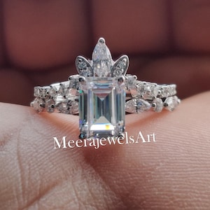 Solitaire Emerald Cut Moissanite Engagement Ring Set, Art Deco Marquise Cut Ring Set, Curved Matching Band, 14K Solid White Gold Ring Set