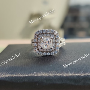 Vera Wang Love Collection Ring, Princess & Round Cut Moissanite Diamond Halo Frame Split Shank Engagement Ring, 14K Solid White Gold Ring