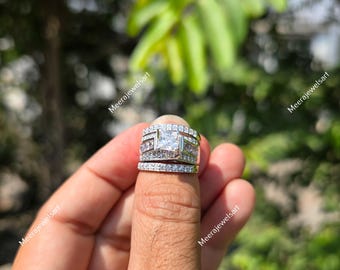 Square Halo Bridal Set, 3 Piece Anniversary Ring Set, Simulated Moissanite Wedding Rings, Solid Silver Wide Band Engagement Ring