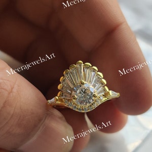 14k Yellow Gold Art Deco Crown Cluster CZ Engagement Ring