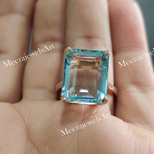Anello da cocktail con acquamarina taglio smeraldo blu acqua da 9,00 carati in argento sterling 925 massiccio / Anelli solitari / Anelli con pietre preziose