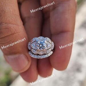 Vintage Style Ring Set, Victorian Art Deco Ring, 1.25 CT Three-Stone Moissanite Engagement Ring Set, Bridal Special Ring Set For Her Gift