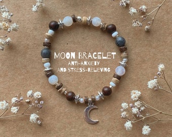 Pulsera de luna creciente / Anti-Ansiedad Estrés Aliviando la Depresión Confianza / Healing Wood Stone Hecho a Mano /