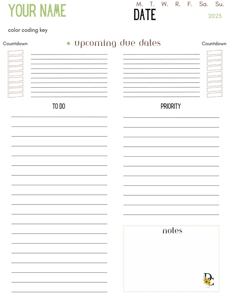 K&ouml;nnte beinhalten: Ein druckbarer Wochenplaner mit Abschnitten f&uuml;r To-Do-Listen, Priorit&auml;tsaufgaben, Notizen und einen Kalender f&uuml;r die aktuelle Woche. Der Planer enth&auml;lt auch einen Countdown-Bereich und einen Bereich f&uuml;r anstehende F&auml;lligkeitstermine.
