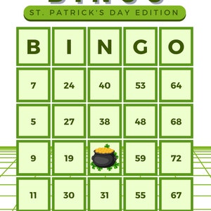 K&ouml;nnte beinhalten: Eine gr&uuml;ne und wei&szlig;e Bingokarte mit den Zahlen 7, 24, 40, 53, 64, 5, 27, 38, 48, 68, 9, 19, 59, 72, 11, 30, 31, 55, 67, 1, 28, 45, 50, 62. Das mittlere Feld zeigt einen Topf voller Gold mit Kleebl&auml;ttern.
