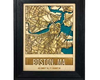 Laser-engraved Boston wood map, 3D wood map, custom map wall decor