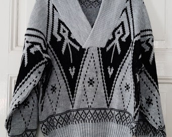 vintage PULLOVER*Knitt SWEATER Jumper : Motif fou des années 80/90 avec col châle*Made in Germany
