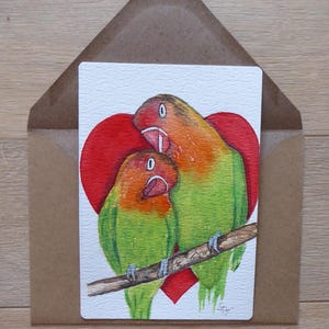 Tarjeta de acuarela pintada a mano, copia única, pareja de tortolitos