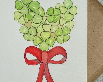 carte aquarelle originale fait main /carte aquarelle cœur/ carte trèfle a 4 feuilles/carte amour /carte porte bonheur