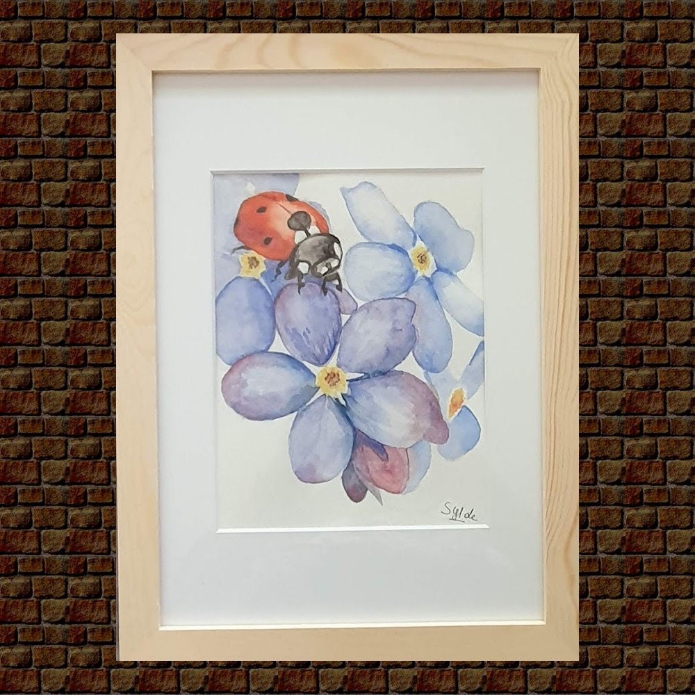 Peinture à L'aquarelle Coccinelle sur Fleur Bleue