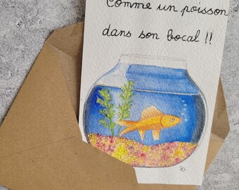 100% handgemaakte ansichtkaart / originele aquarelkaart / goudviskaart / originele kaart / humorkaart