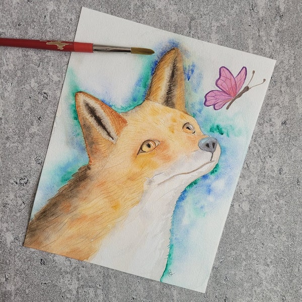 Aquarelle originale renard fait main 18x23 cms / déco chambre d'enfant/ tableau animal mignon