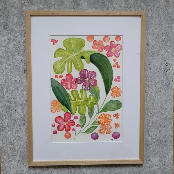 tableau peinture aquarelle originale fleurs et feuilles fait main vendu avec ou sans cadre