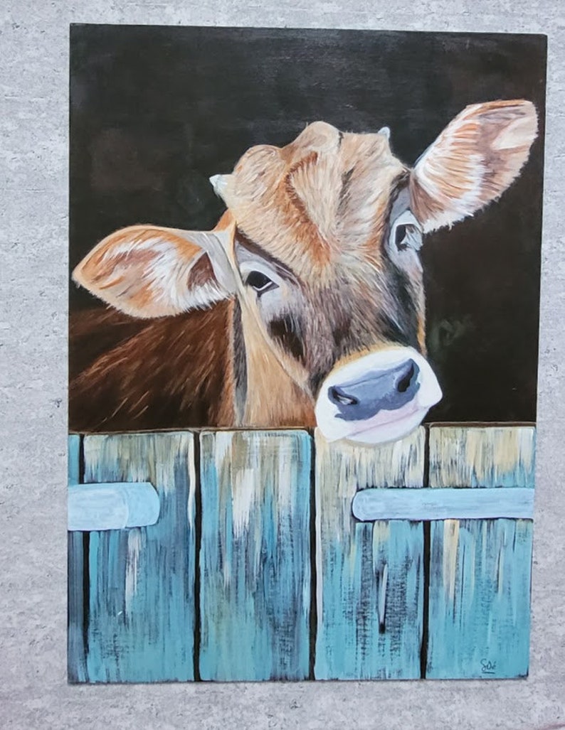 Tableau peinture acrylique vache sur carton toilé 50x70 cms image 1