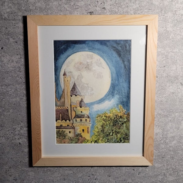 Tableau peinture aquarelle originale chateau au clair de lune avec cadre