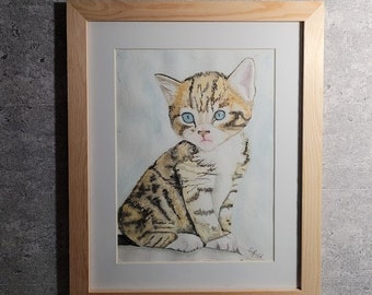 Tableau peinture aquarelle originale chat vendu avec cadre