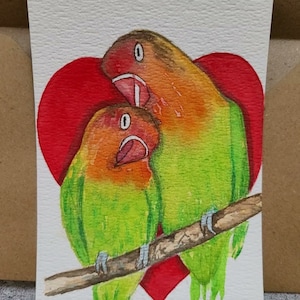 carte aquarelle originale oiseaux fait main/ carte coeur/ couple d'oiseaux inséparables