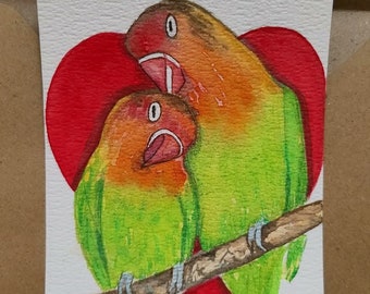 carte aquarelle originale oiseaux fait main/ carte coeur/ couple d'oiseaux inséparables