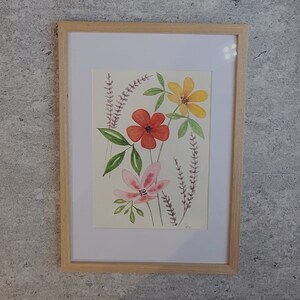 Original watercolor minimalist handmade flowers sold with or without frame aquarelle encadrée
