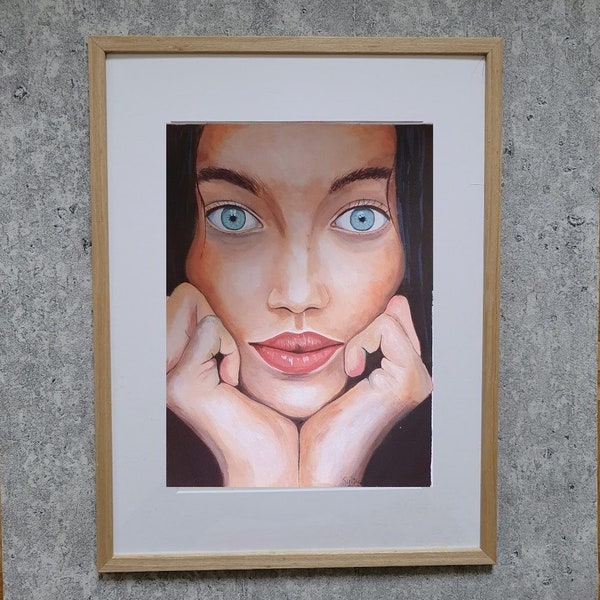 tableau portrait peinture acrylique sur papier fait main vendu avec ou sans cadre