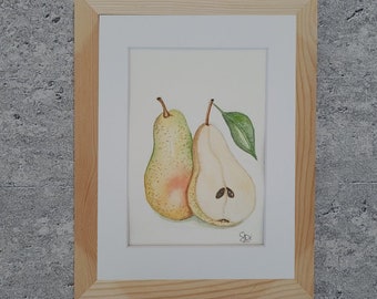 Original handmade pear fruit watercolor painting sold with or without frame