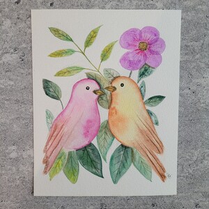 Original Aquarell Vogelblätter und Blumen/Vogel-Aquarell-Illustration/Aquarell für handgemachtes Kinderzimmer 18x23 cm