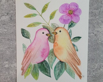 Aquarelle originale oiseau feuilles et fleurs/  illustration aquarelle oiseaux / aquarelle pour chambre d'enfant  fait main 18x23 cms