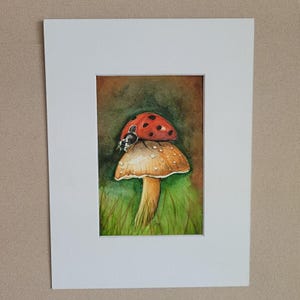 acquerello originale / acquerello autunnale / acquerello fungo / acquerello coccinella