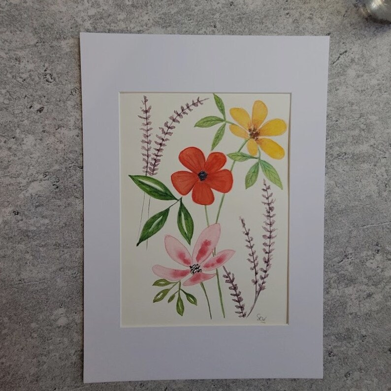 Original watercolor minimalist handmade flowers sold with or without frame avec passe partout