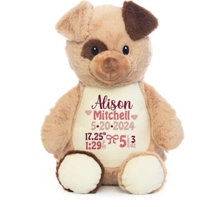 Personalized Stuffed Animal Birth Announcement Embroidered Baby Stat Gift New Baby Gift Birth Stat Animal Shower Gift Patchy the Dog