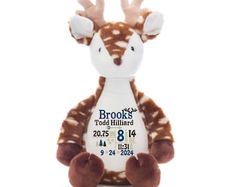 Personalized Stuffed Deer - Embroidered Birth Stats, Baby Shower Gift