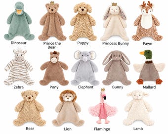 May include: A collection of fourteen plush animal security blankets featuring a dinosaur, bear, puppy, bunny, fawn, zebra, pony, elephant, mallard, lion, flamingo, and lamb. Each soft, textured toy has a flat body and distinct animal head.