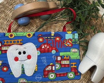 Personalized Embroidered Tooth Fairy Pillow, Fire Truck Fabric