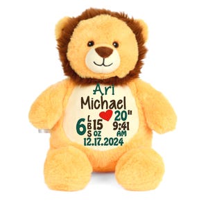 Personalized Stuffed Animal Birth Announcement Embroidered Baby Stat Gift New Baby Gift Birth Stat Animal Shower Gift Baby Lion