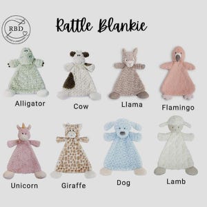 Personalized animal lovey with rattle, plush stuffed animal monogrammed lovey, security blanket, baby gift, embroidered lovey blankie